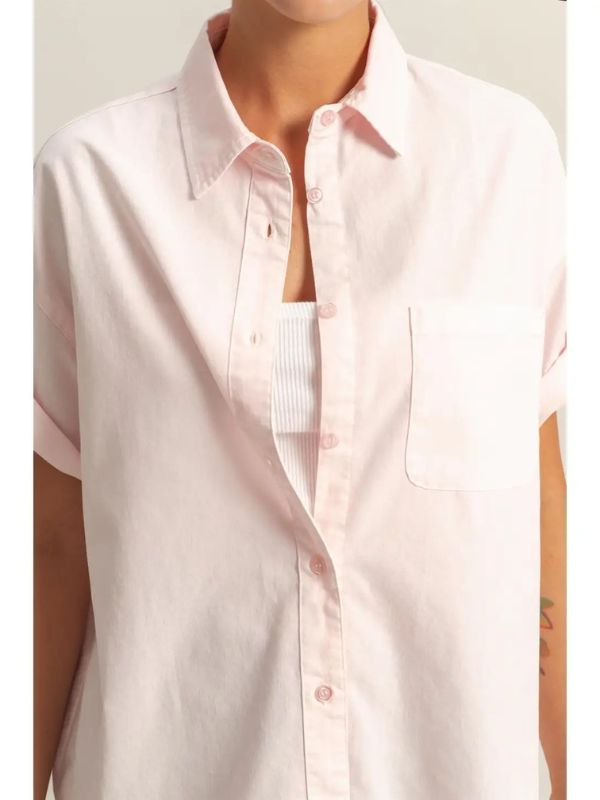 Short Sleeve Oversized Button Down Shirt - Soft Pink