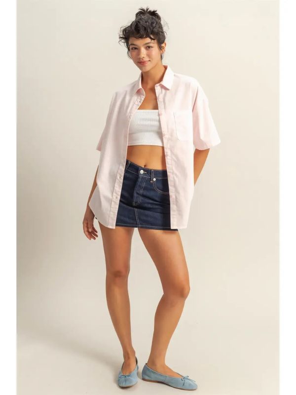 Short Sleeve Oversized Button Down Shirt - Soft Pink