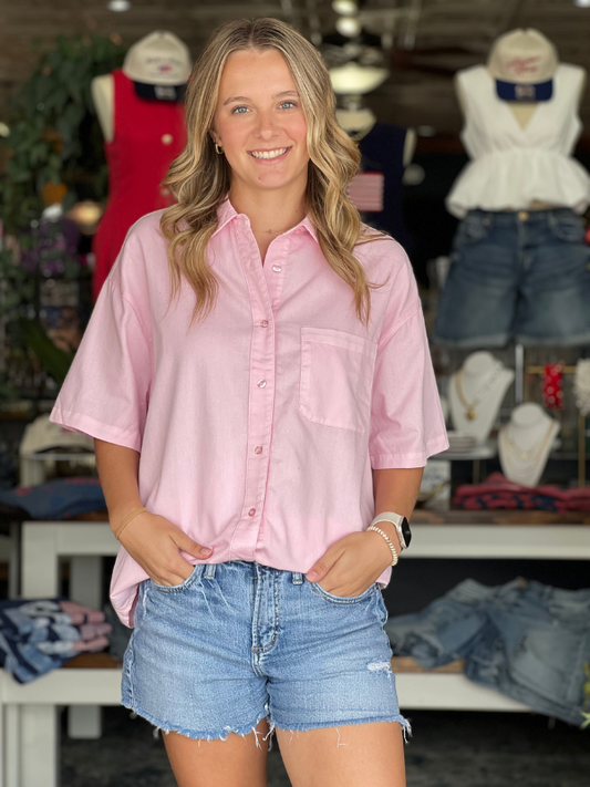 Short Sleeve Oversized Button Down Shirt - Soft Pink
