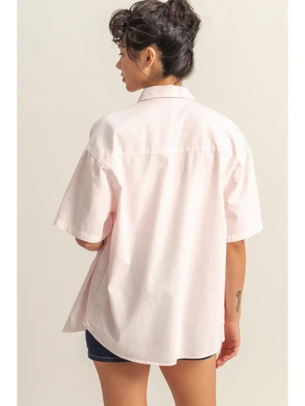 Short Sleeve Oversized Button Down Shirt - Soft Pink
