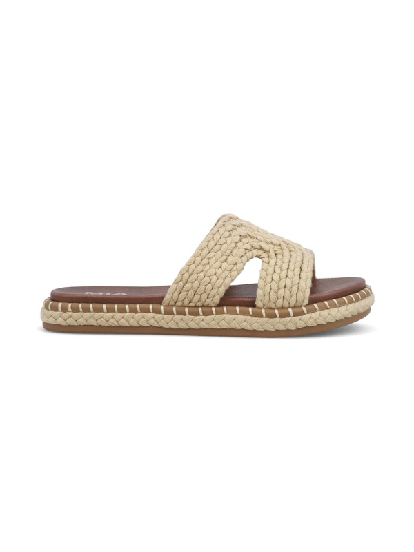 Beige woven sandal with brown sole on a white background