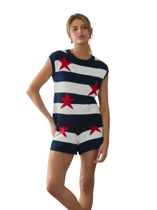woman wearing a striped top with red stars