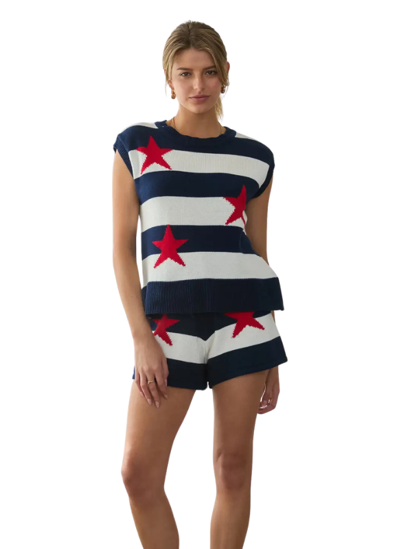 woman wearing a striped top with red stars