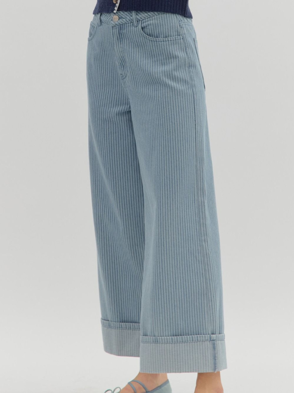 Light blue striped pants on a white background
