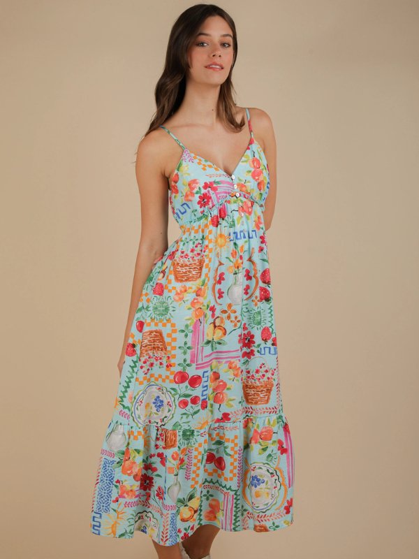 Summer Fruit Printed Button Down Midi Dress