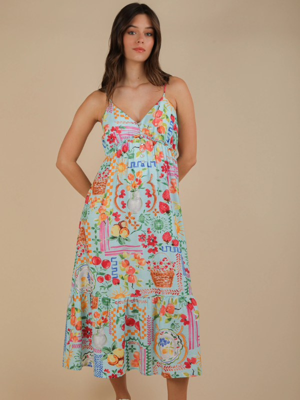 Summer Fruit Printed Button Down Midi Dress