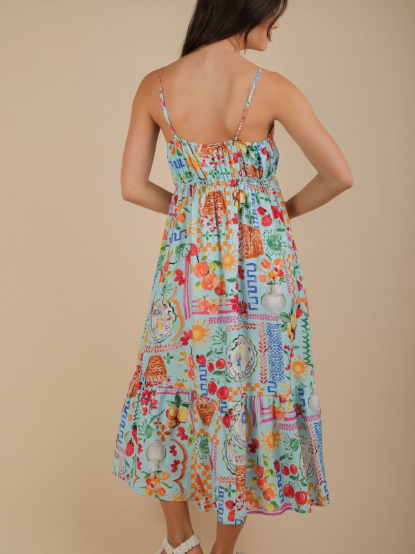 Summer Fruit Printed Button Down Midi Dress