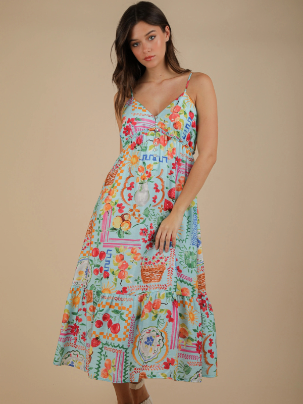 Summer Fruit Printed Button Down Midi Dress