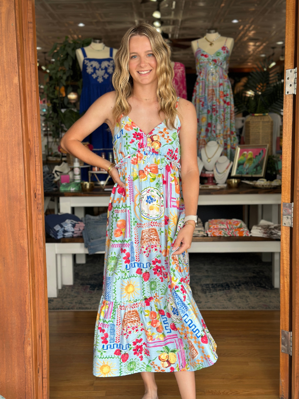 Summer Fruit Printed Button Down Midi Dress