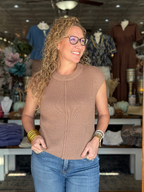 Tan Front Seam Sleeveless Sweater