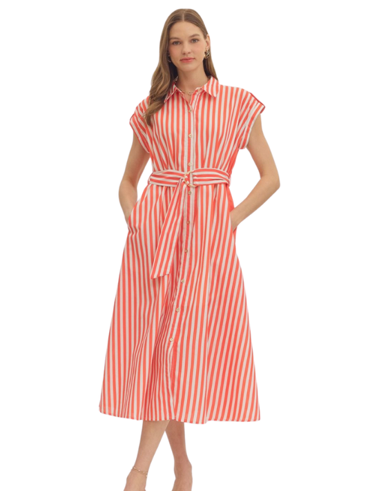 Tangerine Striped Midi Shirt Dress - Themasonboutique