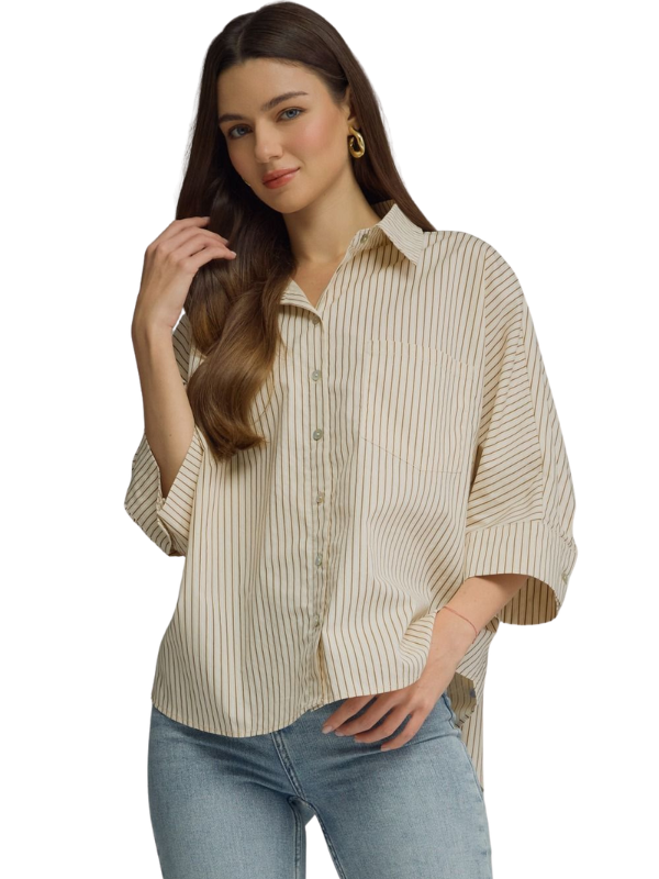 Taupe + Brown Striped Collared Button Up Top