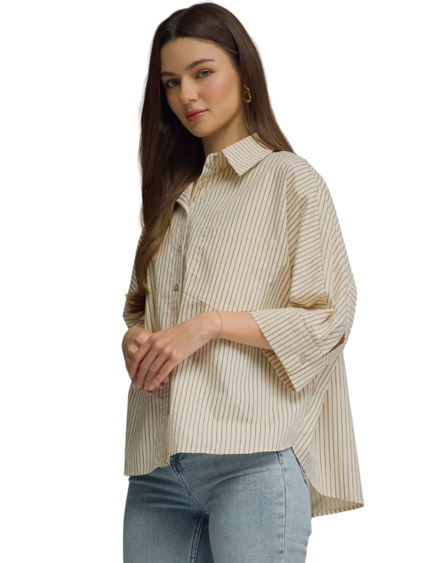 Taupe + Brown Striped Collared Button Up Top