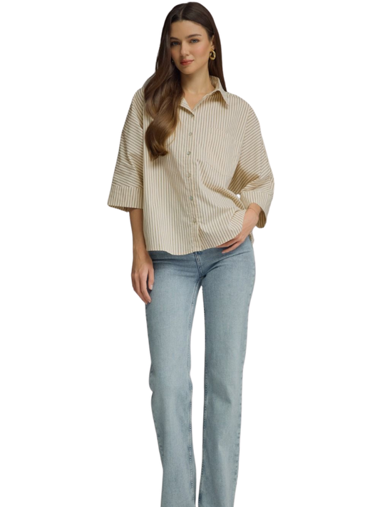Taupe + Brown Striped Collared Button Up Top