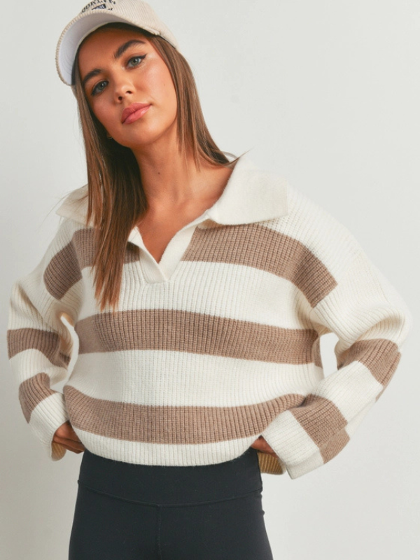 Taupe & Ivory Wide Stripe Knit Sweater - Themasonboutique