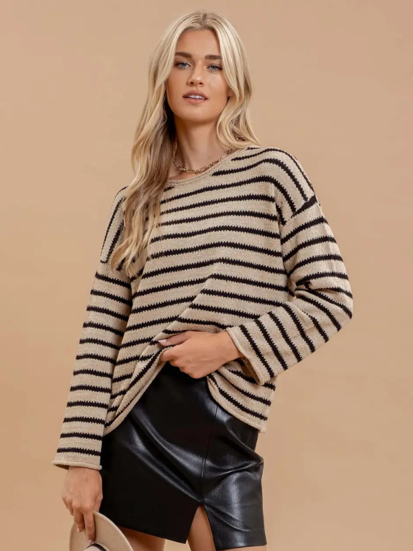 Taupe Stripe Boat Neck Sweater