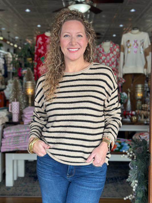 Taupe Stripe Boat Neck Sweater