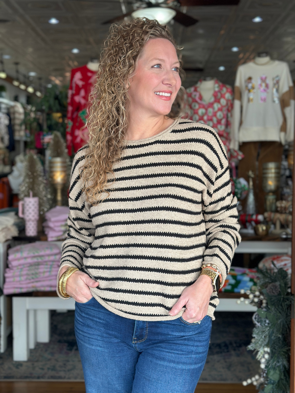 Taupe Stripe Boat Neck Sweater