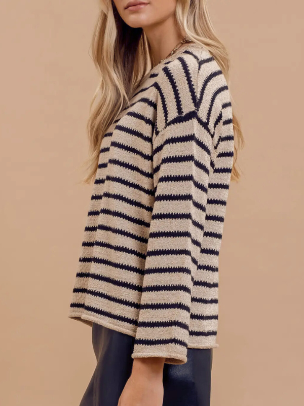 Taupe Stripe Boat Neck Sweater