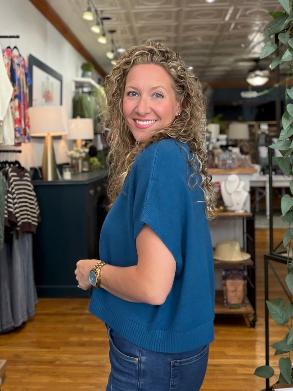 Teal Blue Dropped Shoulder Sweater Top
