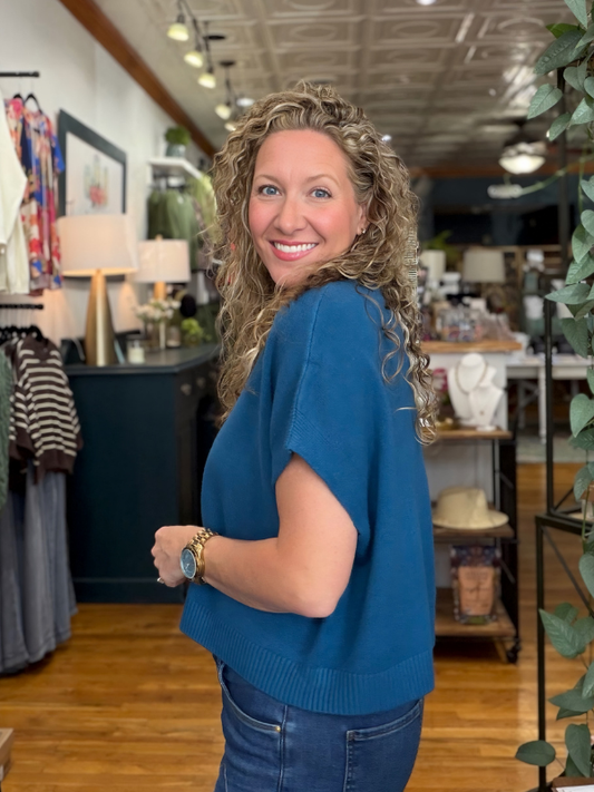 Teal Blue Dropped Shoulder Sweater Top