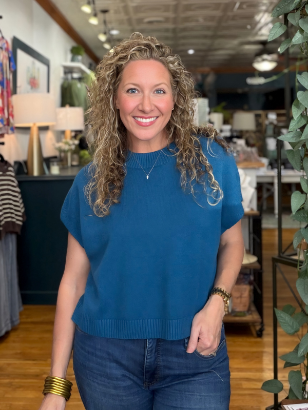 Teal Blue Dropped Shoulder Sweater Top