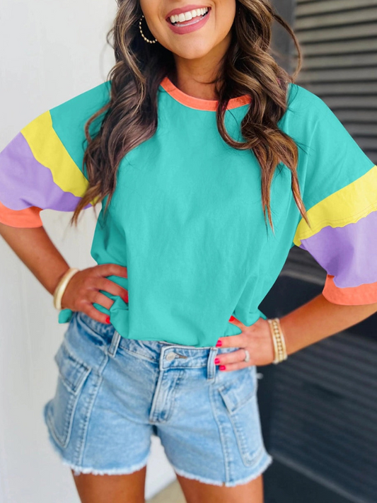 Teal + Orange Colorblock Top