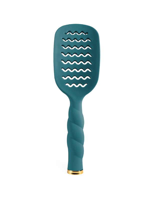 A teal silicone hairbrush with a twisted handle and a gold accent at the base, shown against a plain white background.