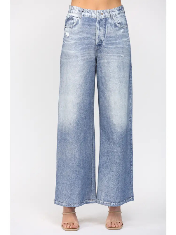 Light blue wide-leg jeans on a white background