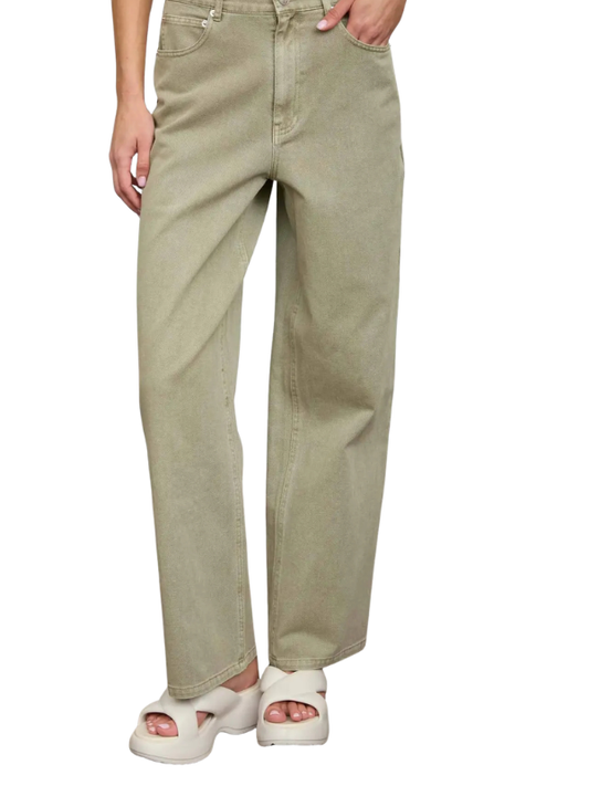 Beige pants worn by a person on a white background