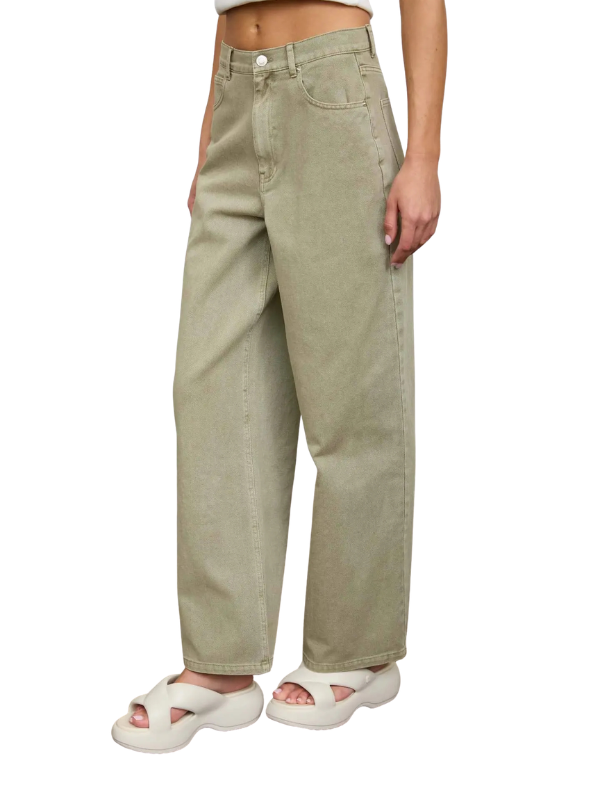 Person wearing light green pants on a white background