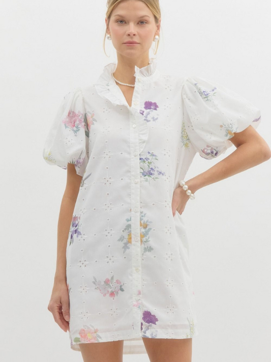 White Eyelet Flower Printed Dress