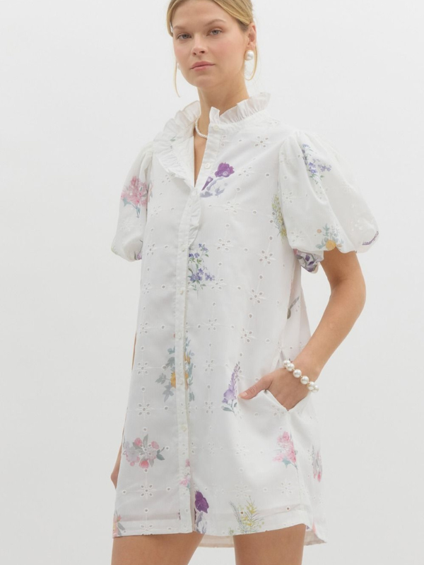 White Eyelet Flower Printed Dress