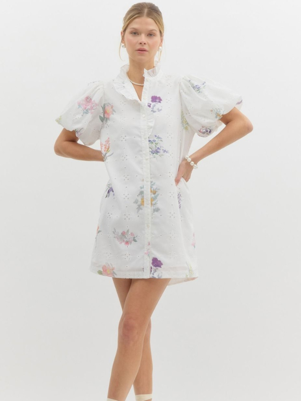 White Eyelet Flower Printed Dress