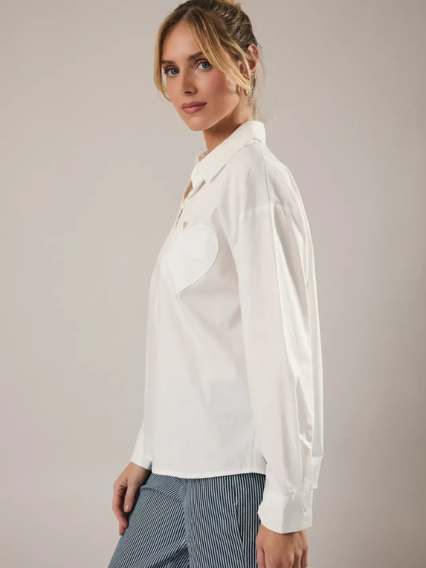 White Heart Pocket Long Sleeve Button Up
