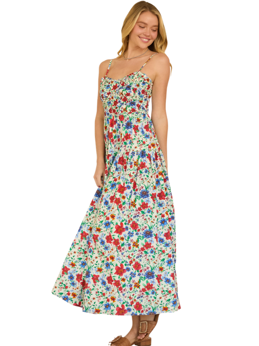 Woman wearing a floral dress on a white background