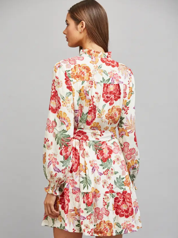 A woman shown from the back wearing a long-sleeve floral mini dress with a tie waist, on a solid gray background.